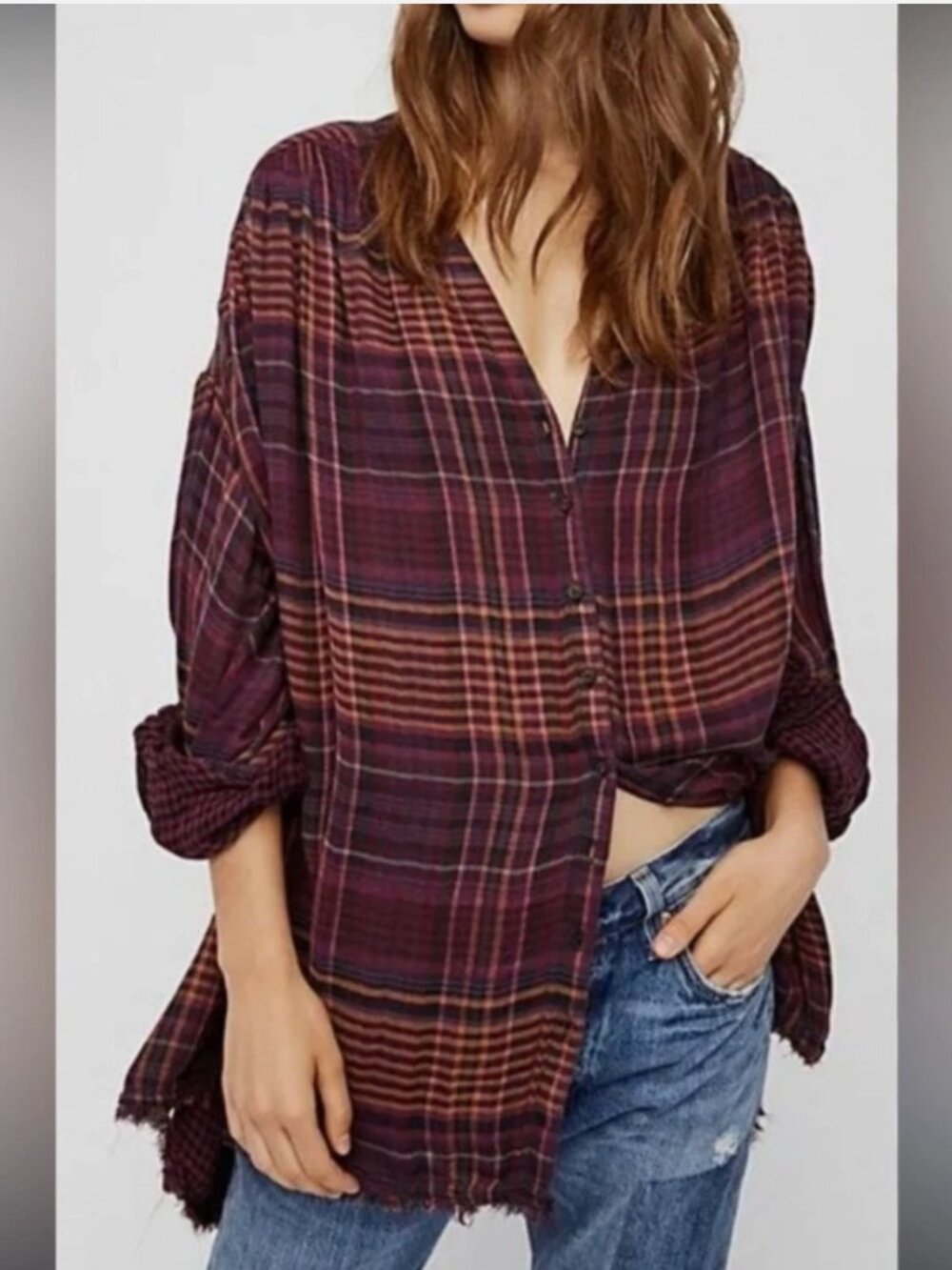 Free People Come On Over Tunic XS Purple Orange Plaid Raw Hem Gauze Boho Top